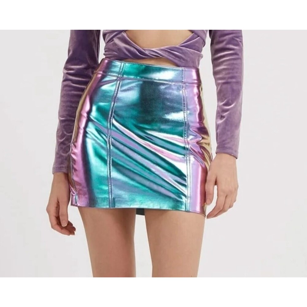 Guess Iridescent Metallic Mini Skirt Womens M Purple Blue Holographic Y2K Club